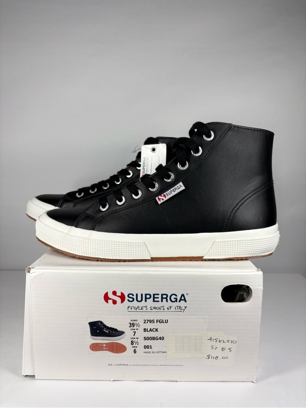 NWT Superga High-Top Black Leather Sneakers. Size 8.5 Women’s